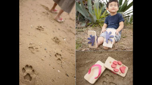 Милые шлепанцы, позволяющие оставлять следы животных на песке. Малыши в восторге